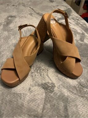 Yellow Box Tan Cork Platform Sandals with Crisscross Straps